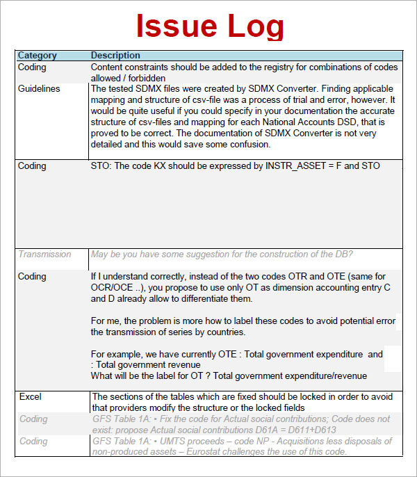 Issues Log Template Excel