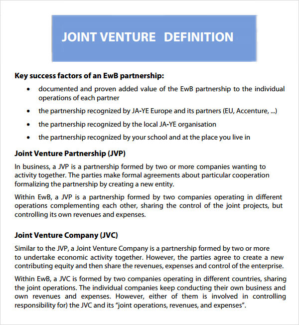 FREE 9 Joint Venture Templates In MS Word