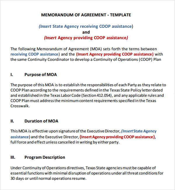 memorandum of agreement format