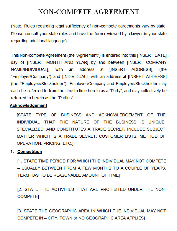 Printable Non Compete Agreement Template Printable Templates