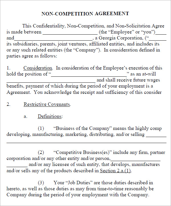 Standard Non Compete Agreement Template