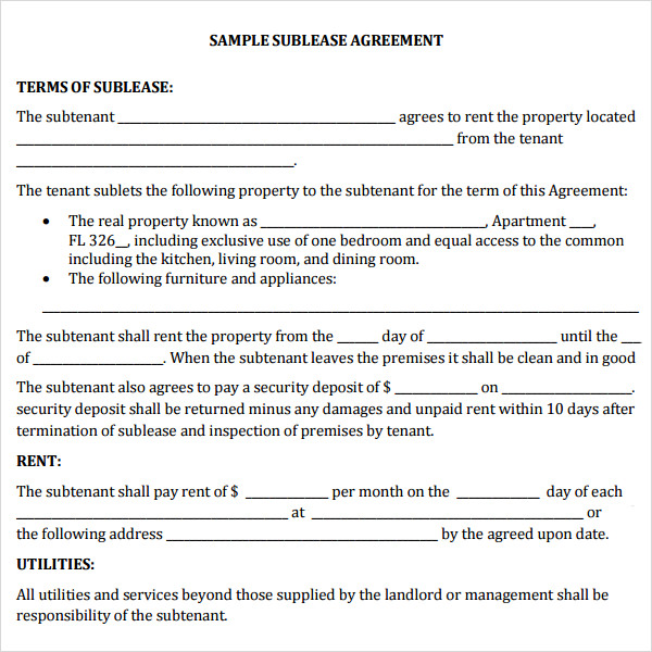 Sublease Agreement Template Free Agreement Templates