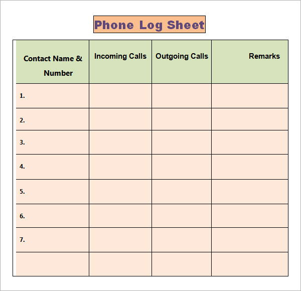 FREE 5+ Sample Printable Phone Log Templates in PDF MS Word