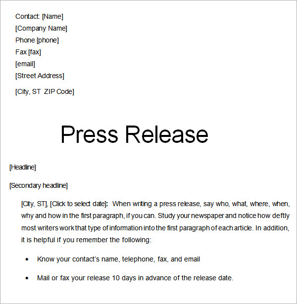 Sample Press Release Templates - 7+ Free Documents 