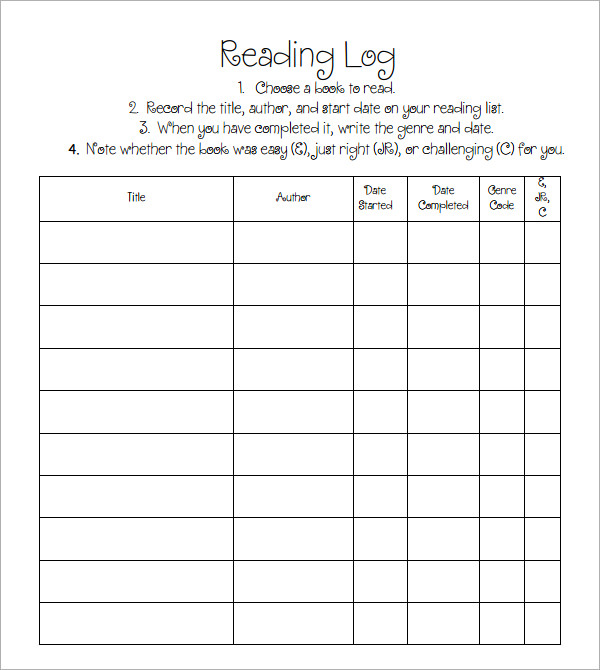 reading log template kindergarten