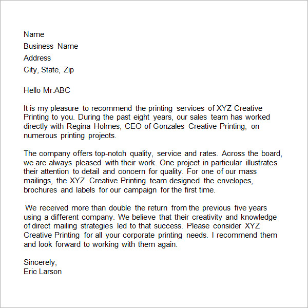 business customer reference letter