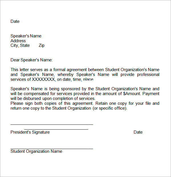 cover letter for sending agreement