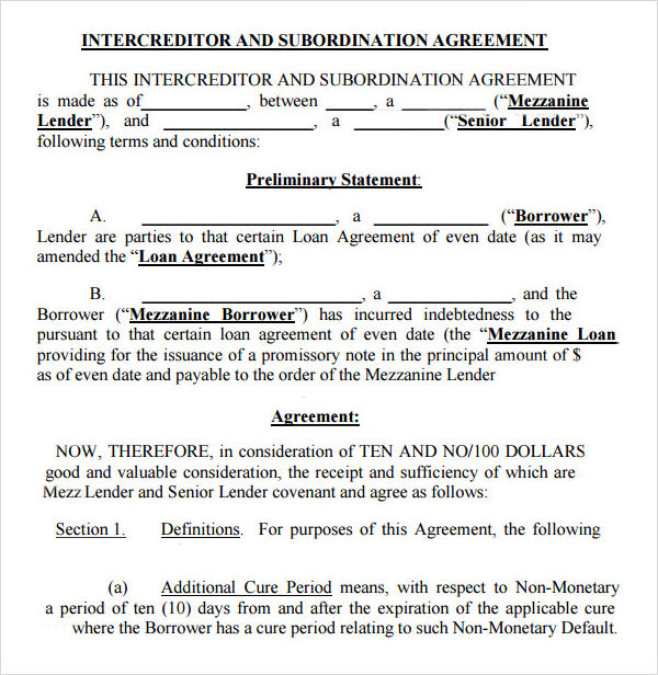 contract form draft in  FREE PDF Agreement Templates 8 Subordination