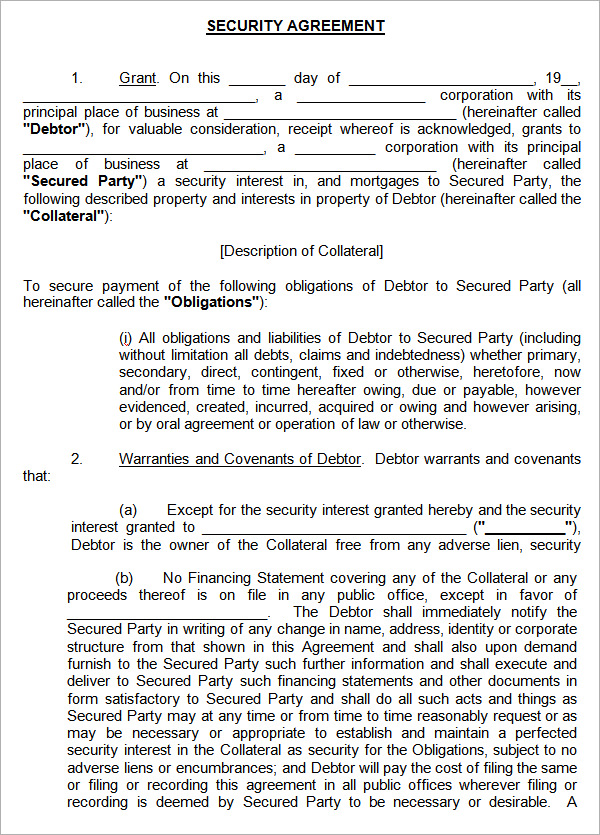 Security Agreement Template   Security Agreement Example 