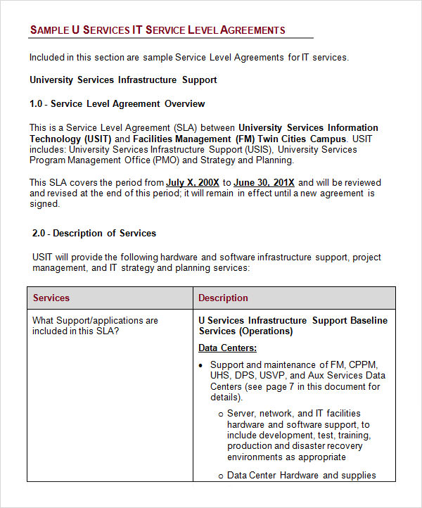 simple service level agreement template