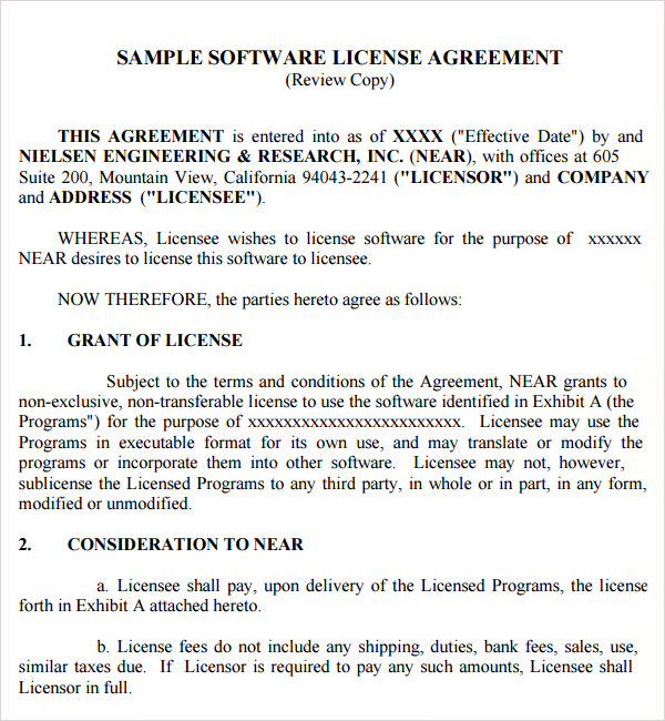 sample software agreement license Free Agreement  License PDF,  Download Software 15 DOC