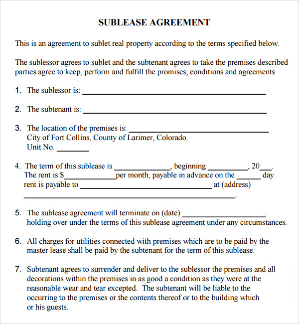 sublease agreement form