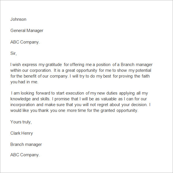 thank you letter to manager