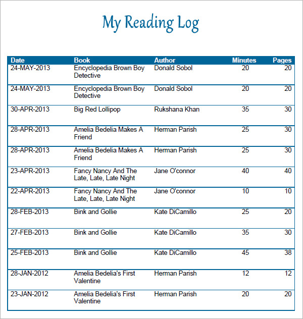 FREE 25 Sample Reading Log Templates In Pages PDF MS Word