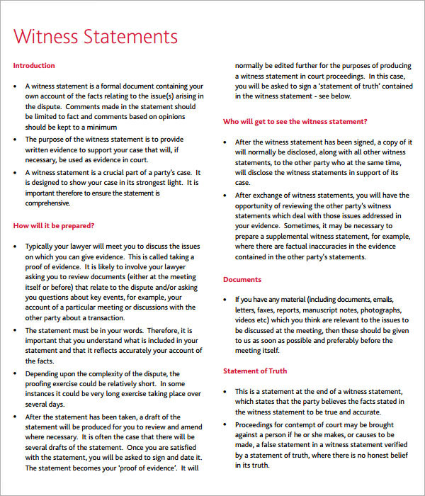 Free 12 Sample Witness Statement Templates In Pdf Ms Word 4243
