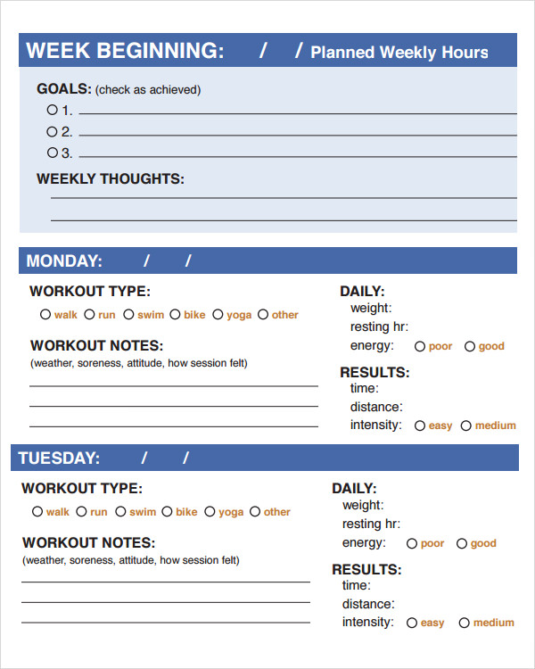 workout log printable template