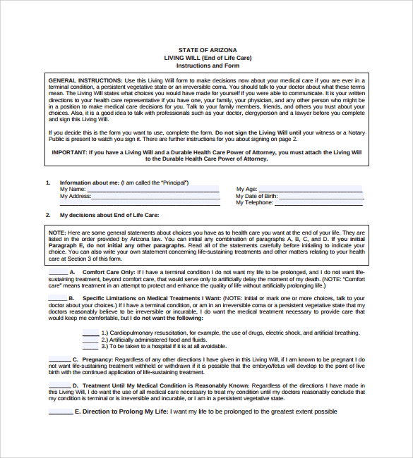 9 Sample Living Wills PDF Sample Templates   Printable Living Will Template 