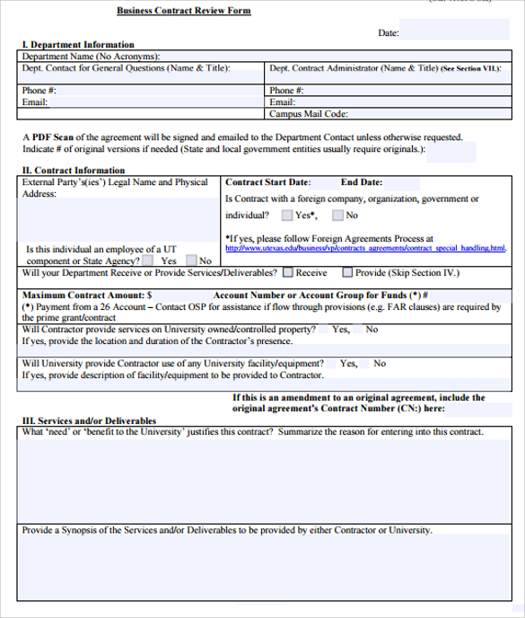 business contract review form template