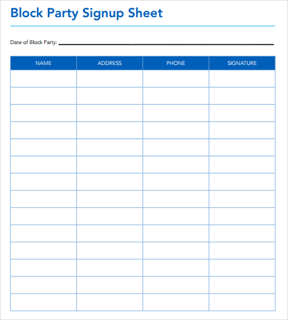 party sign up sheet template