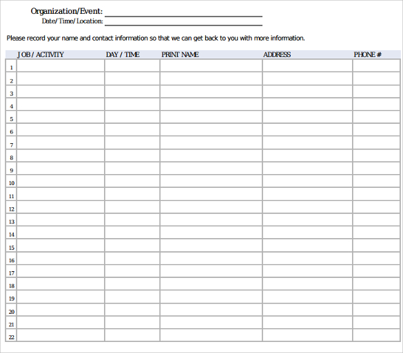 volunteer signup sheet template