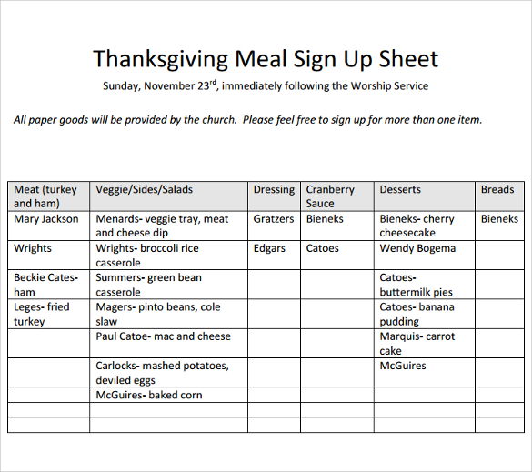 thanksgiving meal sign up sheet free pdf