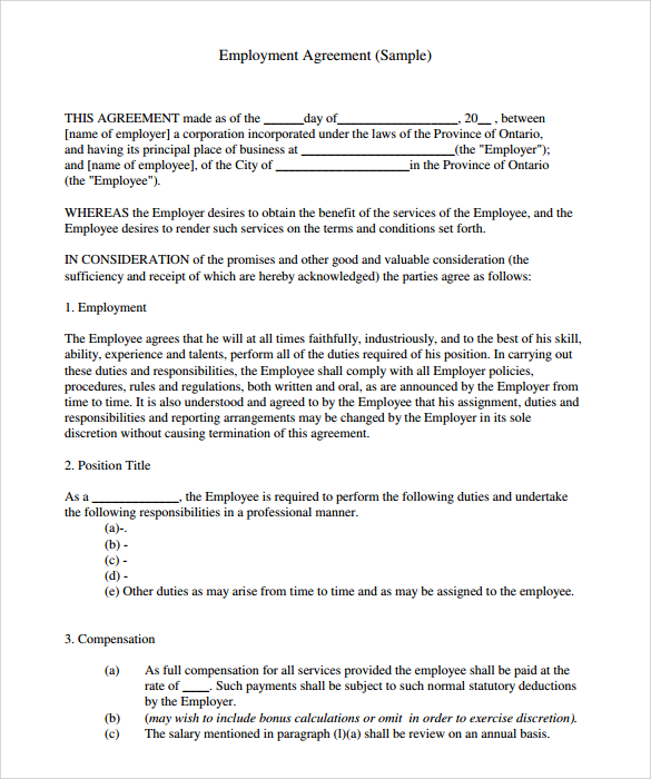 agreement in sample job word letter , in 9 Download Documents  PDF  Employment Contract DOC