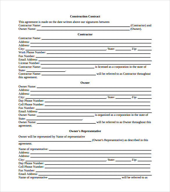 Printable Construction Contract Template