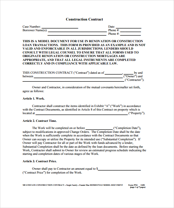 Construction Contract Template Free   Construction Contract Example 