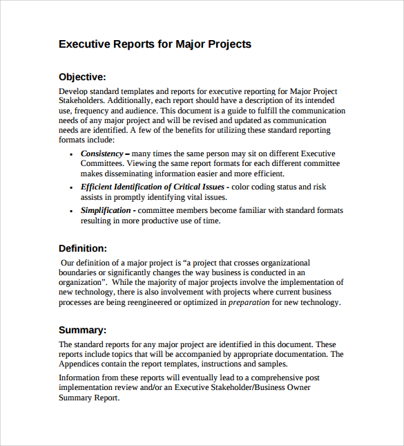 executive reports for major projects pdf free download