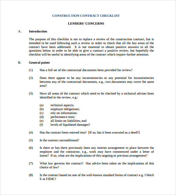 construction contract checklist template