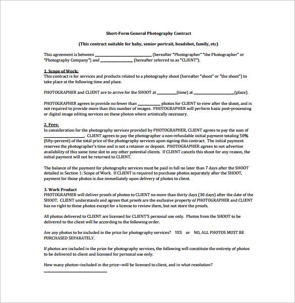 short form general photography contract pdf free download