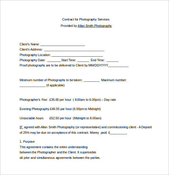 simple photography contract template free