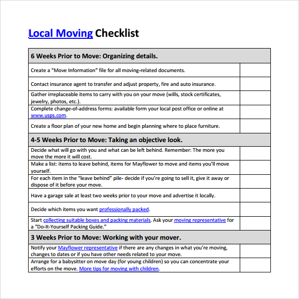 moving checklist for new location