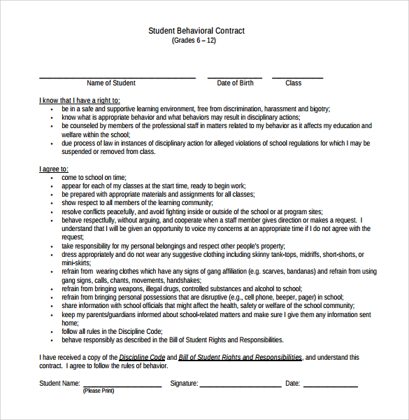 behavior contract template sample