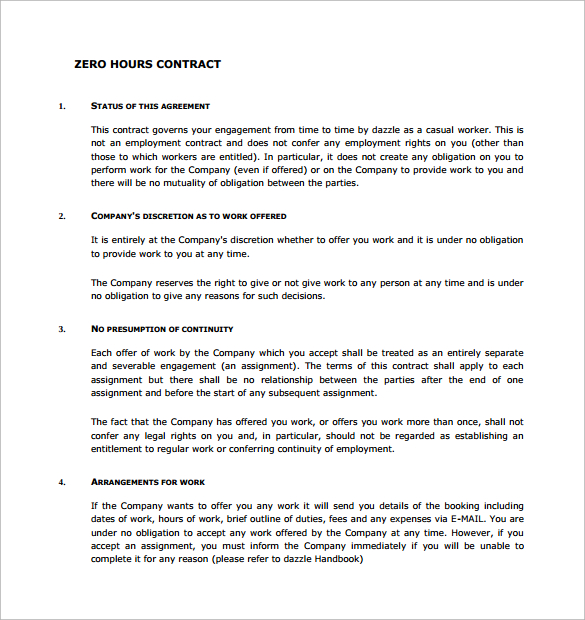 simple zero hours contract template free download