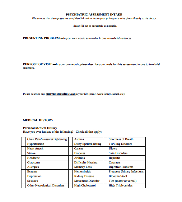 psychological evaluation intake form template