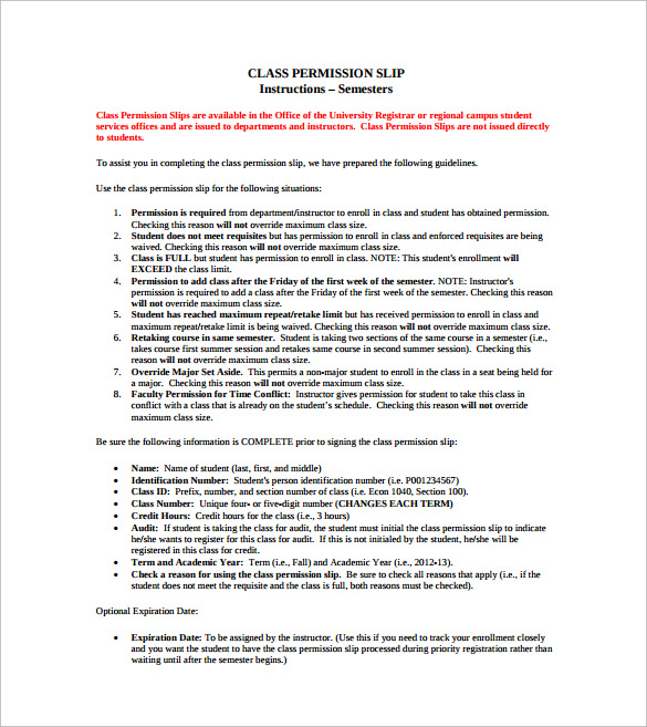 class permission slip free pdf template download