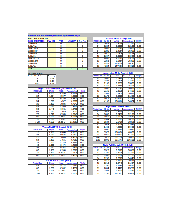 Sample Conduit Fill Chart Templates In