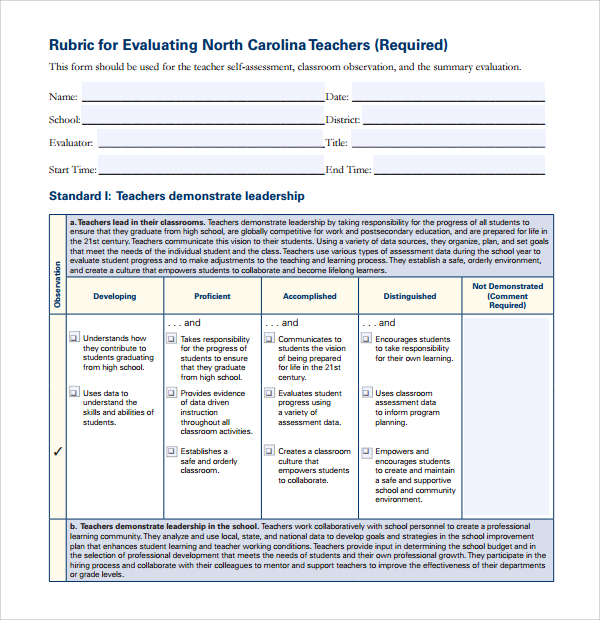 rubric template for evaluationg teachers