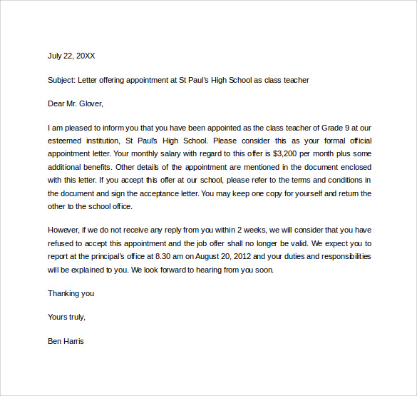 downloadable teacher appointment letter