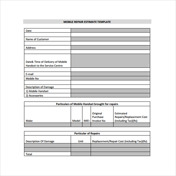 mobile repair estimate template pdf