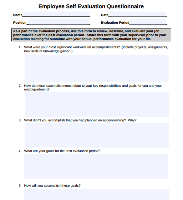 questionnaire employee self evaluation template