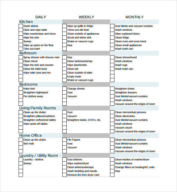 sample house cleaning checklist 