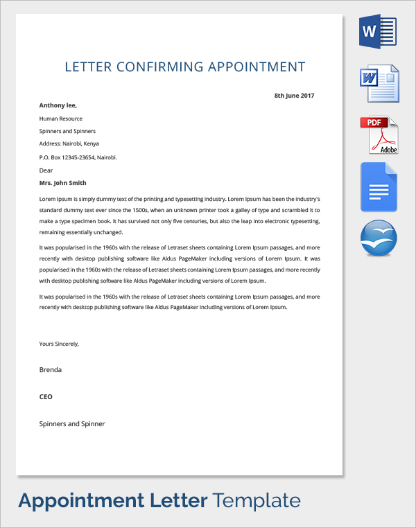 appointment confirmation letter template