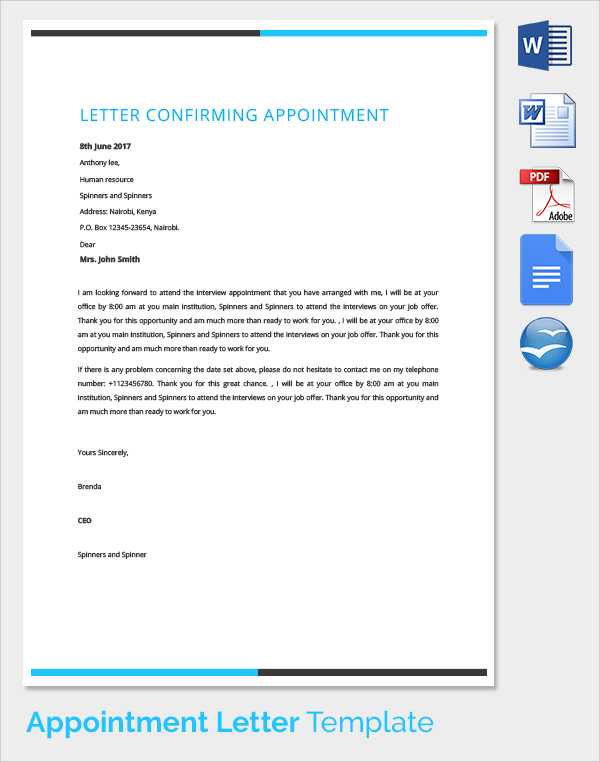 sample appointment confirmation letter template