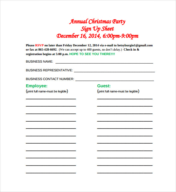 Christmas Party Sign Up Sheet Template