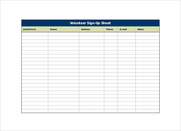 volunteer sign up sheet excel template free download 