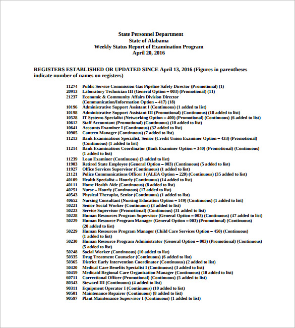 weekly exam status report free download in pdf