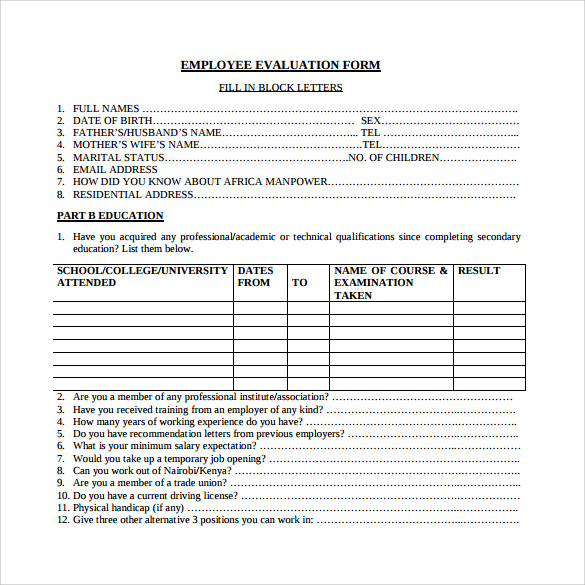 free example of employee evaluation form
