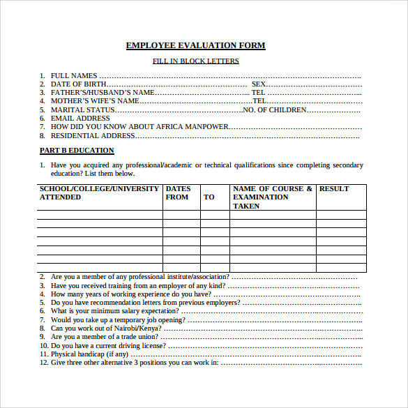 Employee Evaluation Chart